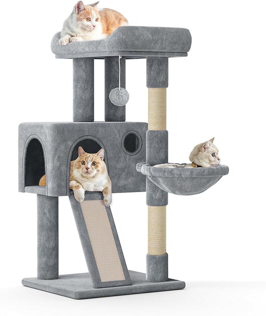 MoNiBloom 36-Inch Cat Tree with Condo, Hammock & Sisal Scratching Posts, Multi-Level Climbing Stand for Indoor Cats, Light Grey