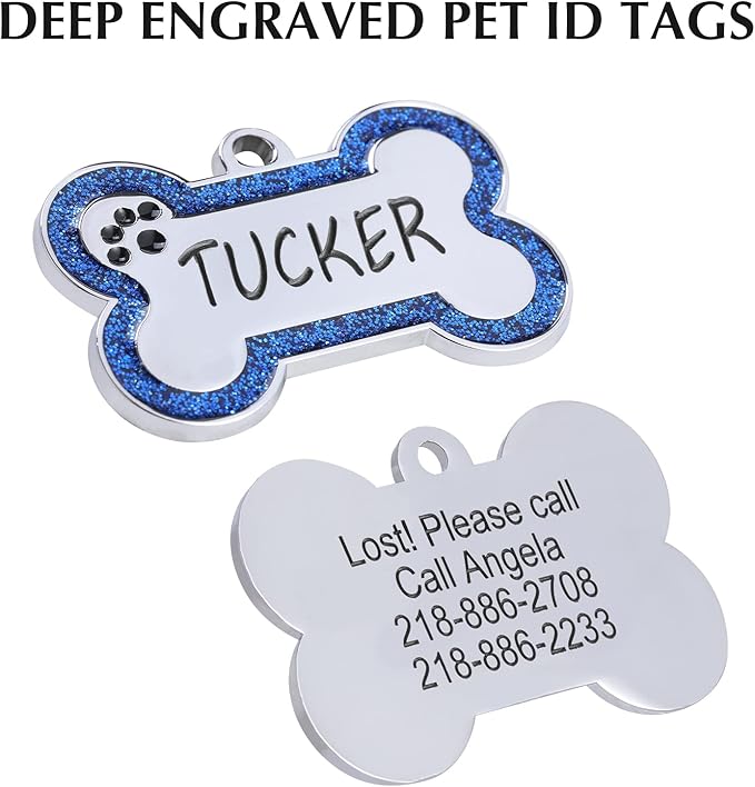 Personalized Stainless Steel Pet ID Tags with Glittery Bone Design - DEEP Engraved Dog Tags Engraved for Pets Customized with 5 Lines Dogs and Cats Pets