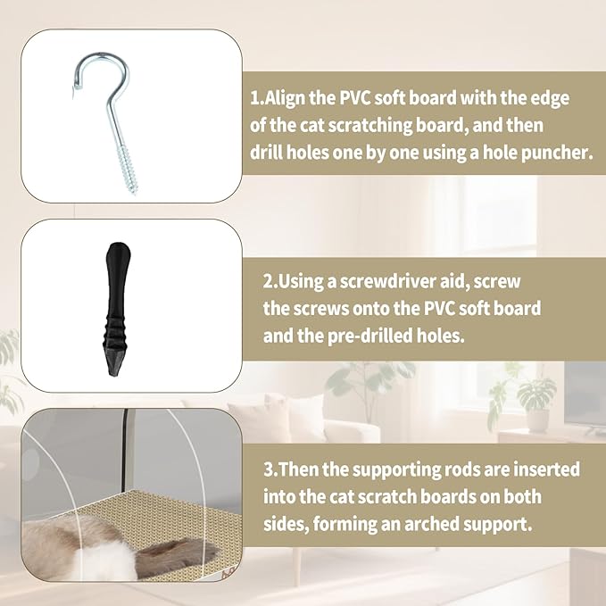 3 Function in 1 Cardboard Cat Scratcher Board, 31.5 in Cat Scratcher House, Cat Scratchers for Indoor Cats, Arched Cats Scratch Pad As Cat Bed, Cat Tunnel for Sleep, Grind Claws (White)