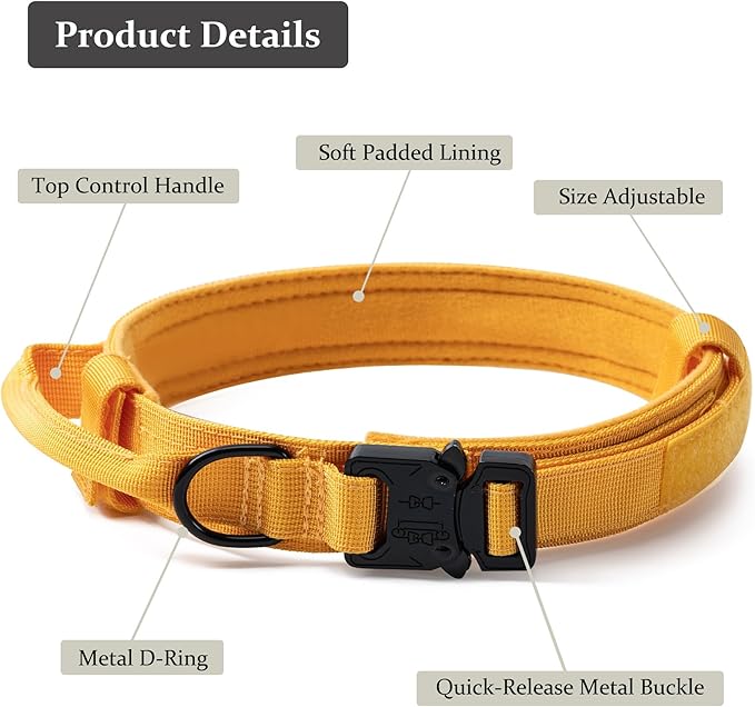 Tactical Dog Collar, Adjustable Military Training Nylon Dog Collar with Control Handle and Heavy Quick-Release Metal Buckle for Small Medium Large Dogs, Yellow S