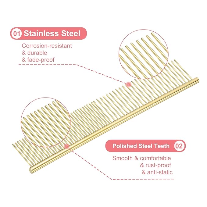 Dog Cat Comb, Pet Combs Stainless Steel Teeth with Rounded Ends for Knots Mats Loose Hair Removal, 6.5/7.5IN (Gold Plated, 2 Pack), Grooming Tool Intended for Long Curly Hair Pet