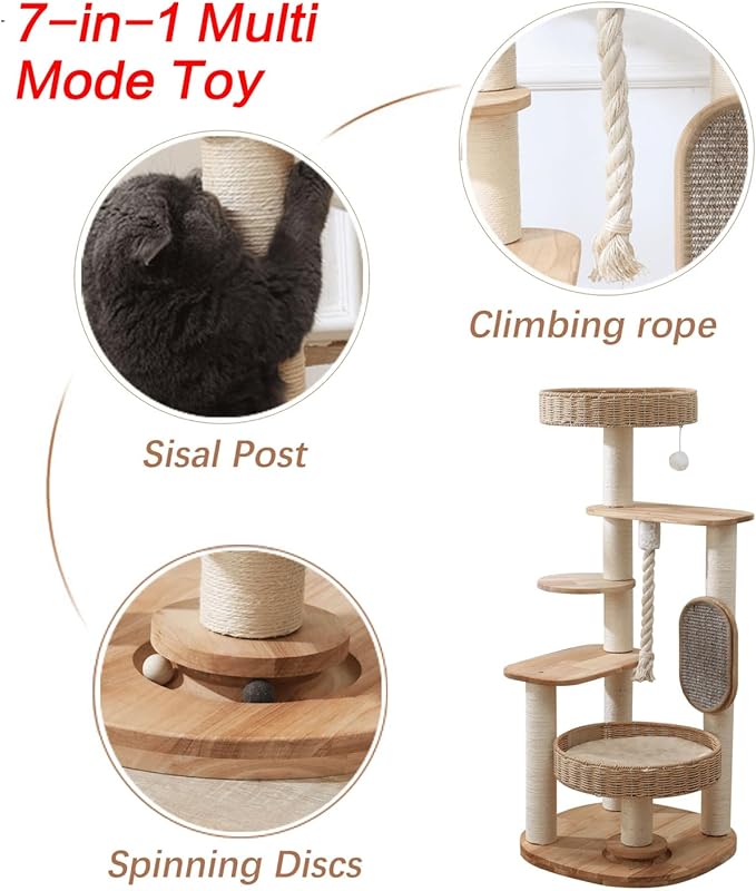 Wooden Cat Tree for Large Cat, Tall Cat Tower with Scratching Post for Indoor Cats, Multi-Level Cat Condo with Hand-Woven Cat Bed and Scratching Board Easy to Clean (48IN)