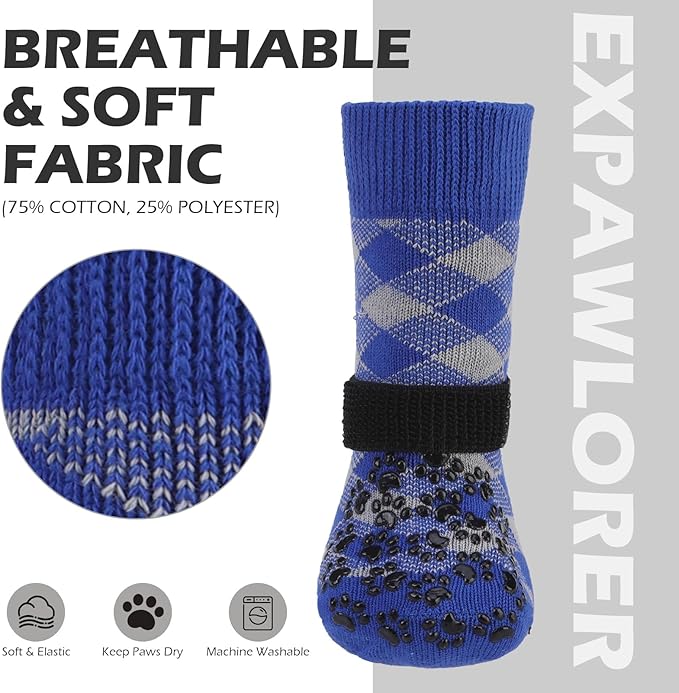 EXPAWLORER Dog Socks for Cold Winter Snow to Prevent Licking Paws, Anti Slip Doggie Booties Grippy Shoes for Hardwood Floors, Boots & Paw Protectors for Small Medium Large Senior Dogs Blue S