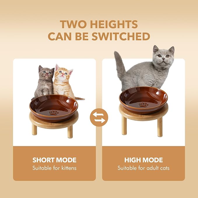 Elevated Ceramic Cat Dish with Paw Print, Wide Whisker Friendly Anti-Slip Food & Water Bowl with 2 Heights Adjustable Stand - Pet Bowl Set for Cats (1 Dish + 1 Stand, Caramel Brown)