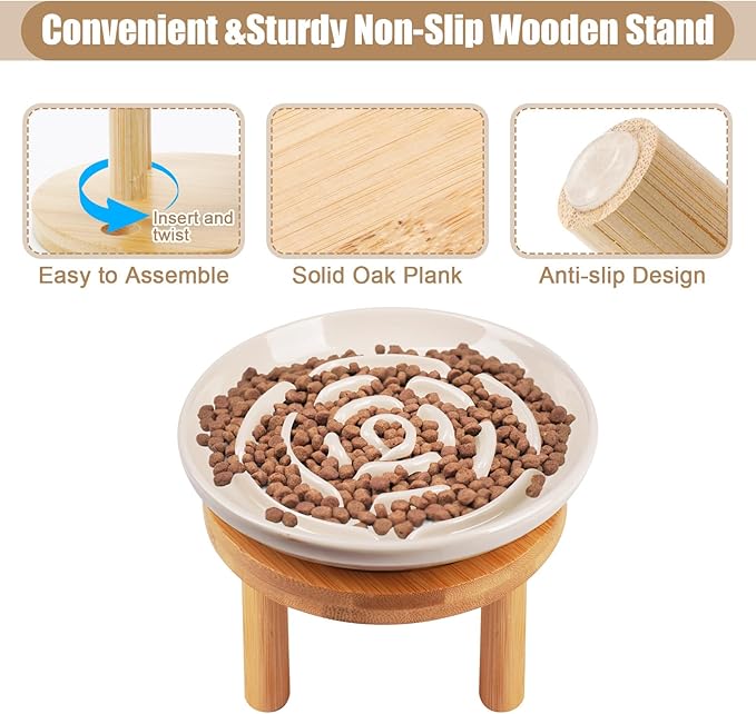 Elevated Slow Feeder Cat Bowls, Ceramic Cat Slower Feeding Bowl with Bamboo Stand, 5.9 Inch Wide Shallow Cats Bowls Whisker Friendly, Anti Vomiting Cats Slow Feeder for Dry or Wet Food Dishwasher Safe