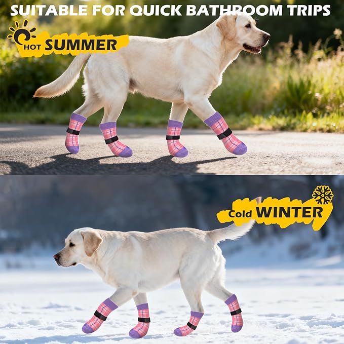 EXPAWLORER Dog Socks for Hardwood Floors, Dog Shoes for Winter, Dog Booties for Cold Pavement to Prevent Licking, Paw Protectors Strong Traction Control for Small Medium Large Dogs,Pink Purple S