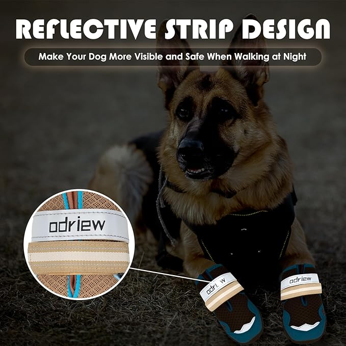 ODRIEW Dog Shoes Large Size Dogs, 4PCS Breathable Mesh Dog Boots & Paw Protectors for Hot Pavement, Small Shoes for Dogs with Reflective Strip, Anti-Slip Sole for Outdoor Walking Hiking. (Khaki, 5)