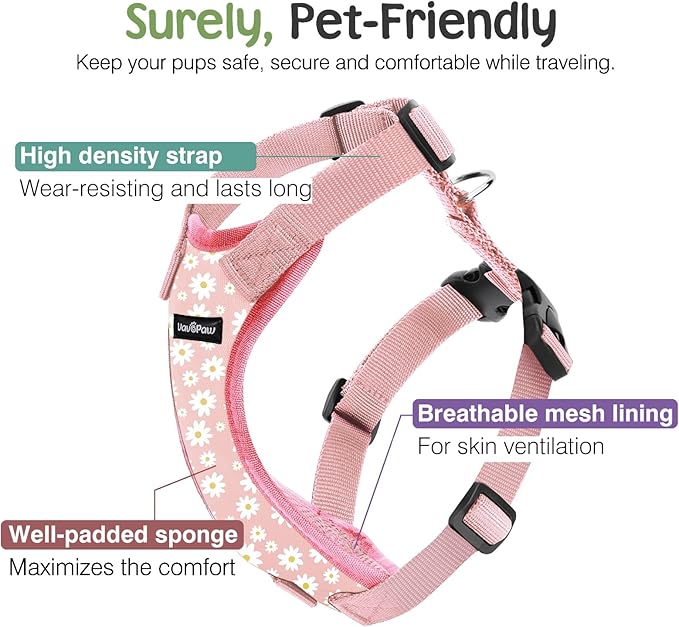 VavoPaw Dog Seat Belt, Safety Vest Dog Car Harness with Adjustable Buckle Dog Seat Belt for Vehicle Nylon Pet Safety Seat Belts Heavy Duty(XL, Pink Daisy)