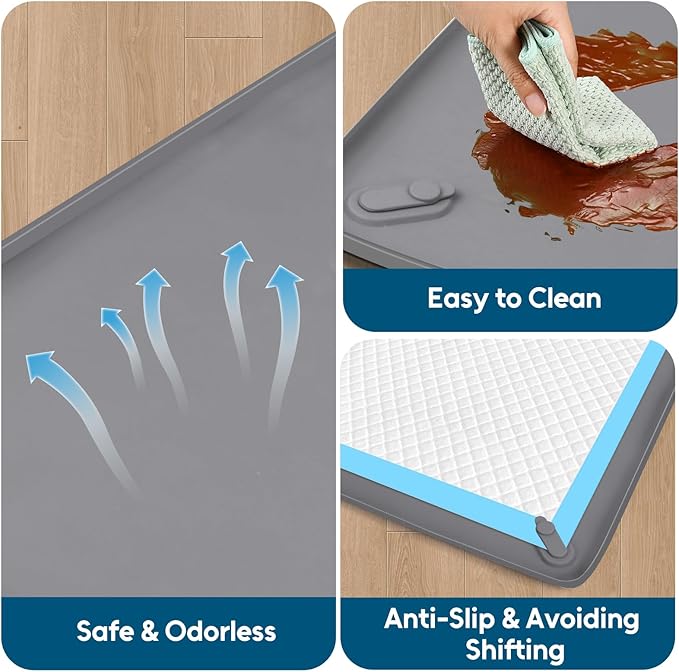 Pee Pad Holder for Small Dogs, 24" x 24" Dog Puppy Pee Pad Holder Non-Slip Silicone Tray with 4 Magnetic Clips for Training, No Spill Raised Lip High Edge for Indoor Floor Protection, Gray