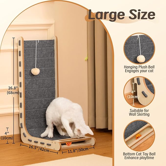 Cat Scratch Pad with Ball Toy Vertical Cat Scratching Board for Indoor Cats Adults Standing Felt Scratching Post Furniture Protector Kittens Cratchers Toys 26.8 Inch - Grey