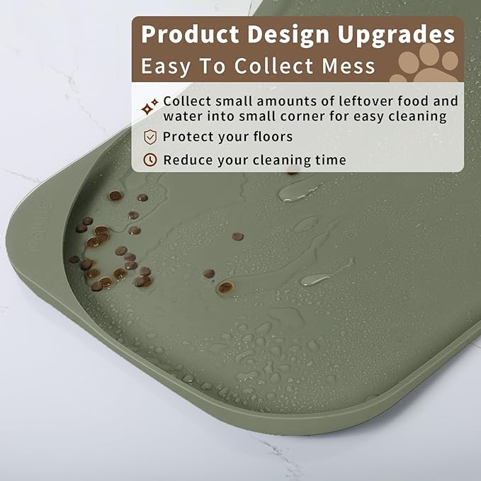 Silicone Pet Food Mat with Raised Edge for Food and Water Bowl, Dog Feeding Mats, Cat Food Trays for Floor Waterproof, Rubber Tray for Dogs and Cats, 22 x 14 x 0.8 Light Olive Green