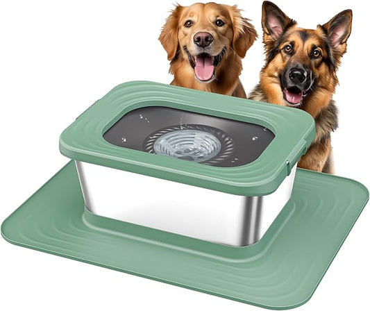 Decflow 10L Stainless Steel Dog Water Bowl, No Spill Anti-Splash Dog Bowls with XXL Silicone Mat, Spill-Proof Slow Feeder for Messy Drinkers, Heavy Duty Pet Bowls for Indoor/Outdoor Use Green
