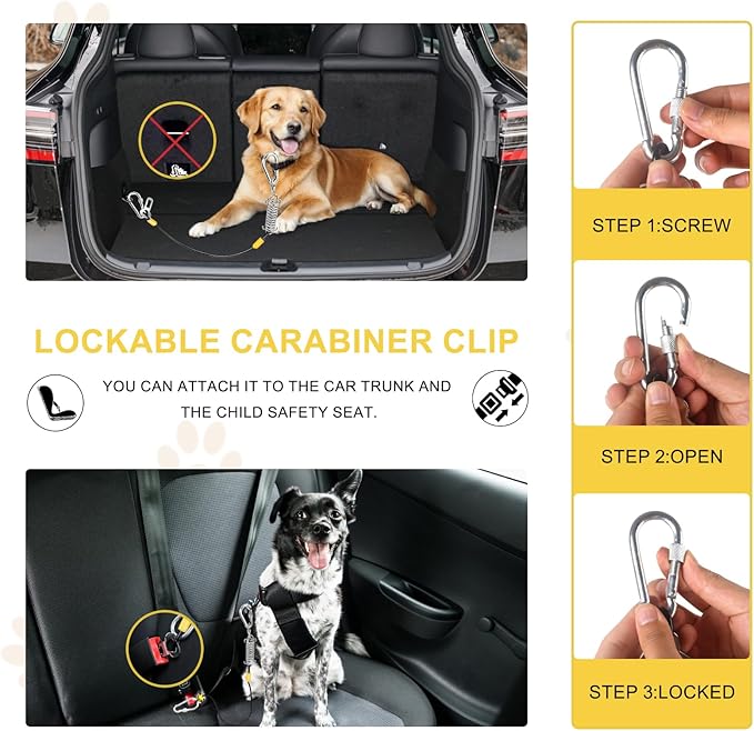 Dog Seat Belt Harness for Car, 5-in-1 Coated Wire Dog Seatbelt, HYLIYAKI Shock Spring-Loaded No Chew Pet Dog Car Seatbelt Leash, with Removable Reflective Short Leash (2 Pack Black, 16 inch/40 CM)
