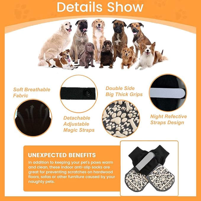 Anti Slip Dog Socks to Prevent Licking Paws, Dog Booties Shoes for Hot Pavement, Dog Socks with Grippers for Hardwood Floors, Senior Dog, Paw Protector (XL, Bone Pattern)