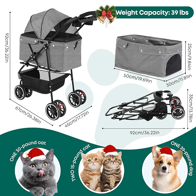 Pet Stroller,Dog Stroller for Small Medium Dogs Cats,3 Wheels,Foldable,with Breathable Mesh Canopy,Cup Holders,Easy Assembly,Grey