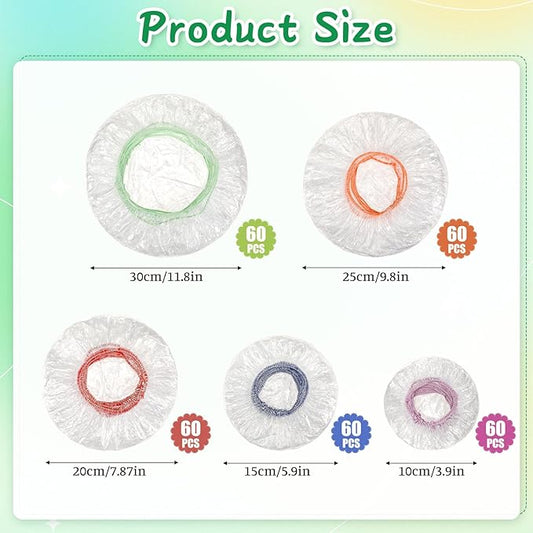 300 Pcs Reusable Plastic Bowl Covers, 5 Size Reusable Elastic Food Covers, Colorful Dish Plate Cover, Disposable Food Storage Plastic Wrap for Bread Proofing, Storage & Outdoor Use