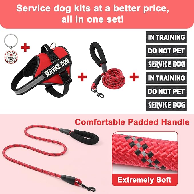 VOOPET Service Dog Vest Harness+ ID Tag and Leash Set+6 Patches,No Pull&Adjustable Reflective Dog Harness for Training,Suitable for Small Medium and Large Dogs.