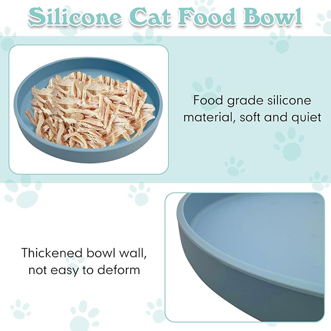 Silicone Cat Food Bowls Shallow Cat Dishes 5.9in Wide Pet Plates Set of 2 Small Flat Dog Saucer Bowl Cute Whisker Fatigue Kitten Feeding Dish for Dry & Wet Food (Round Blue + Pink)