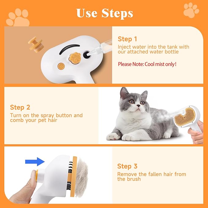Pet Steam Brush for Dog & Cat – 3-in-1 Spray Hair Removal Comb – Steam for Shedding & Grooming – Water Brush for Long & Short Haired Pets – Spritz Defur Comb – Includes Waterless 2*Shampoo
