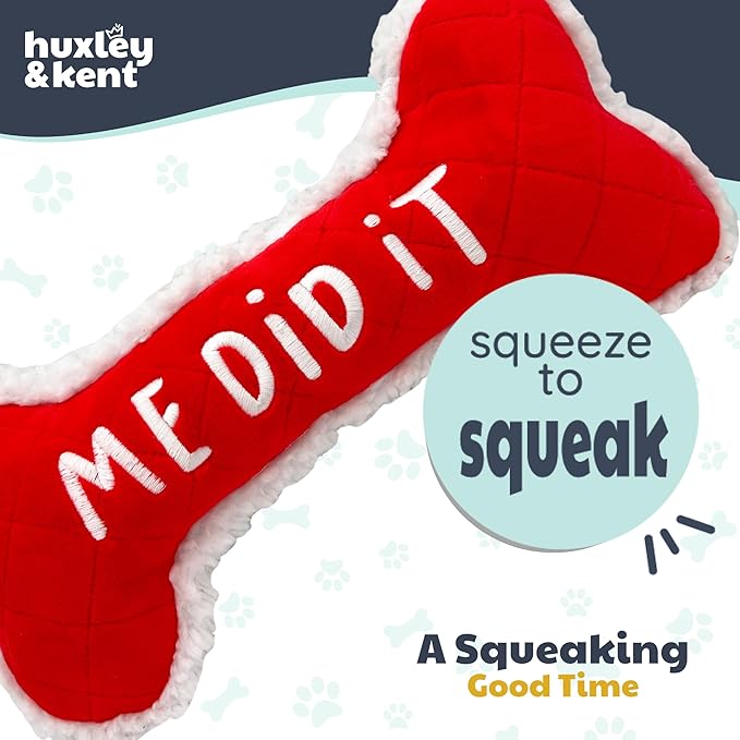 Huxley & Kent Funny Dog Toy w/Squeaker – Holiday Power Plush Squeaky Dog Toys for Small, Medium & Large Dogs – Soft Stuffed Animal for Indoor Play & Fetch - Me Did It, I Sorry Bone, Small