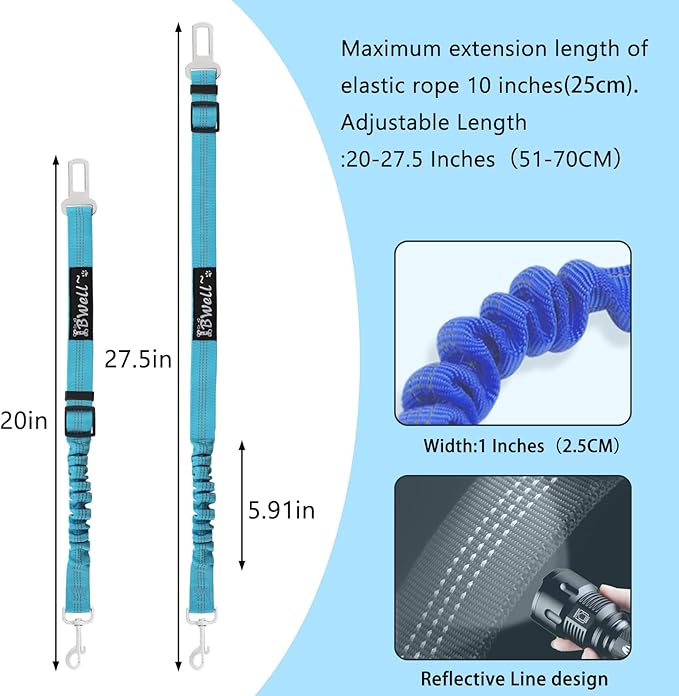 IBWell Dog Seat Belt for Car with Elastic Bungee Leash, Car Leash Car Seat Belt for Dogs (Light Blue, 2PCS-27.6")