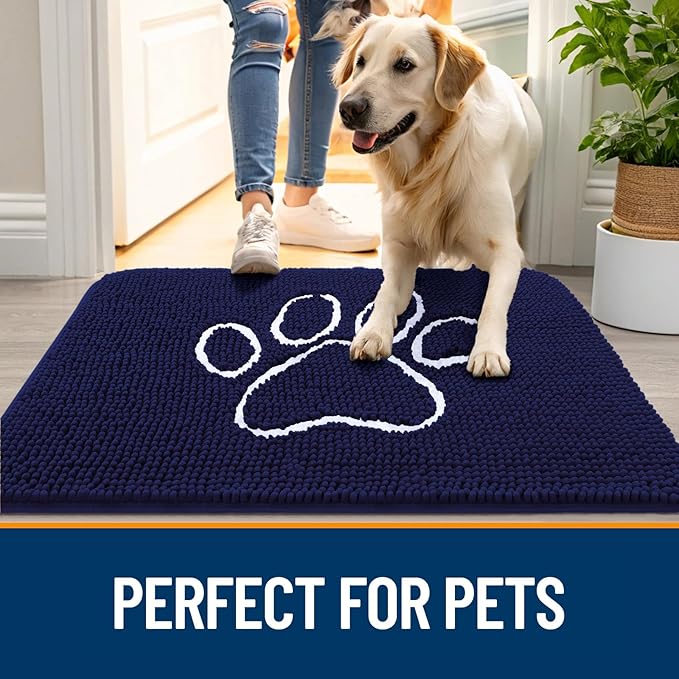 OLANLY Dog Door Mat for Muddy Paws 59x24, Paw Print Design, Absorbs Moisture and Dirt, Absorbent Non-Slip Washable Doormat, Quick Dry Chenille Mud Mat for Dogs, Entry Indoor Entryway Carpet, Navy Blue