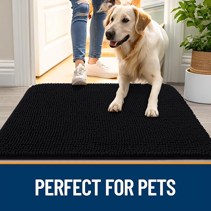 OLANLY Dog Door Mat for Muddy Paws 32x20, Absorbs Moisture and Dirt, Absorbent Non-Slip Washable Doormat, Quick Dry Chenille Mud Mat for Dogs, Entry Indoor Entryway Carpet for Inside Floor, Black