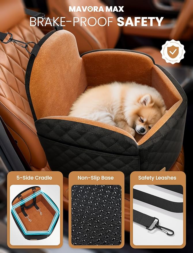 Mavora Max Dog Car Seat for Small/Medium Dogs, Elevated Dog Booster Seat Memory Foam Puppy Car Seat with Washable Cover, Travel Safety Pet Seat for Car with Storage Pockets Up to 35 lbs (Black/Brown)