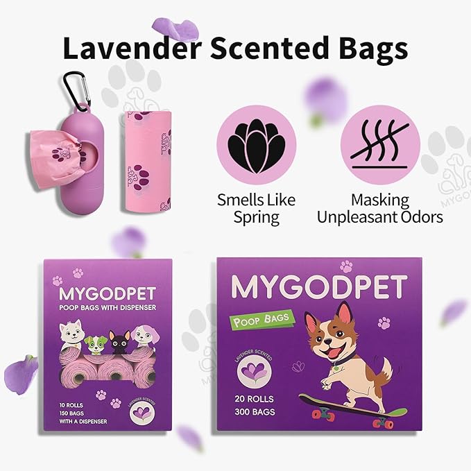 Dog Poop Bags Rolls with Dispenser 150 Count Biodegradable Bags for Dog and Cat Lavender Scented Waste Bag Leak Proof Doggie Poop Bag Doggy Trash Bag Purple