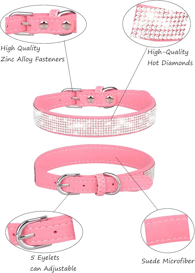 Dog Collar for Large Dogs, Adjustable Leather Suede Bling Dog Collars，Pink Dog Collar Cat Collar, Rhinestone Dog Collar (L, Pink)
