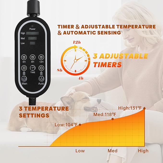 Pet Heating Pad for Cats & Dogs,Safe Electric Cat Warming Pad with Chew Resistant Cord,Automatic Induction Heated Cat Bed,Adjustable Temperature & Time (Light Grey, 17.7" x 17.7")