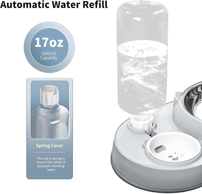 Marchul 3 in 1 Cat Bowl, Cat Food and Water Bowl Set with Water Dispenser and Stainless Steel Bowls, 15° Tilted Pet Raised Three Bowls for Indoor Cats, Small or Medium Sized Dogs