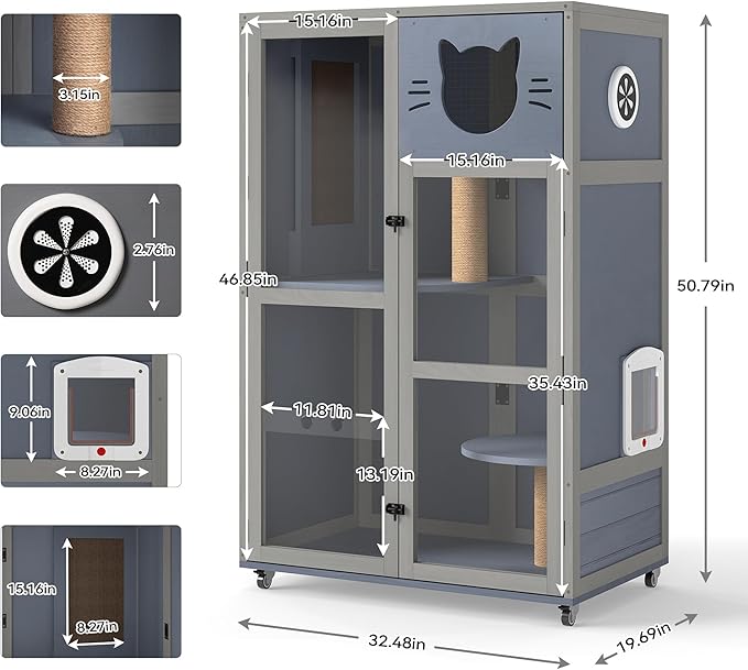 Large Wooden Cat House on Wheels, Indoor Cat Villa with Condo, Multi Platforms, Scratchers, Vent, Litter Box Area, Clear Doors, Cat Cage Enclosure for Kittens & Adult Cats (Gray)