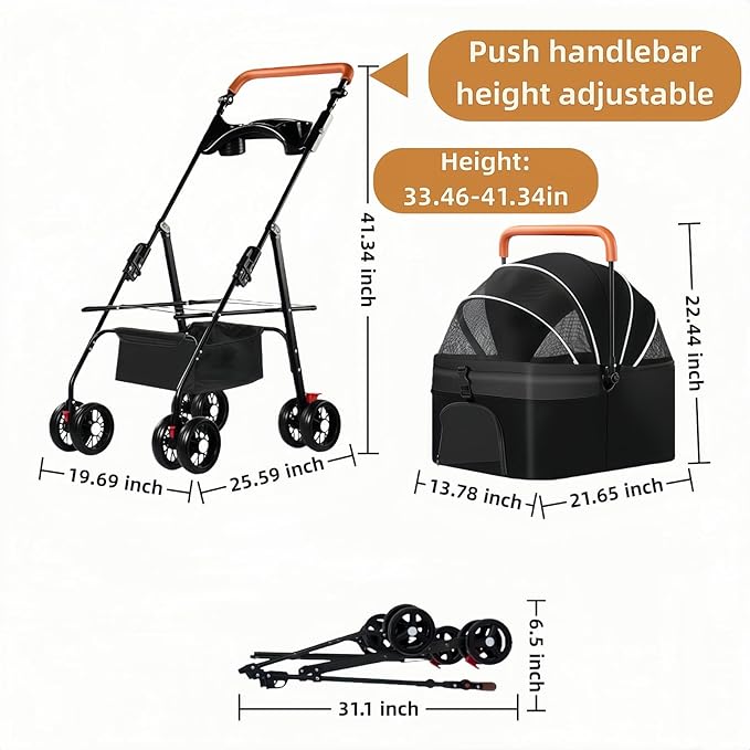 Pet Stroller for Medium Small Dogs/Cats - 4 Wheels Foldable Dog Stroller with Storage Basket,Dog/Cat Carrier,Adjustable Handle,Folding Puppy Carrier Suitable for Traveling with Cats and Dogs (Black)