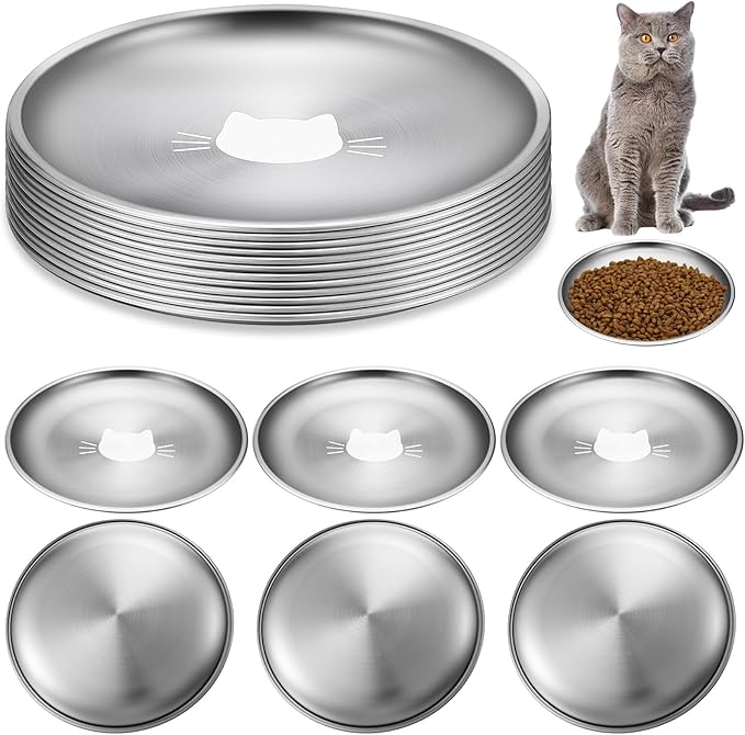 Domensi 12 Pieces Stainless Steel Cat Bowl Metal Pet Food Dish Beard Fatigue Relief Replacement Easy to Clean Indoor Wet Feeding Flat Plates for Dogs Kitten and Other Small Animals(6.7 Inch,Cat)