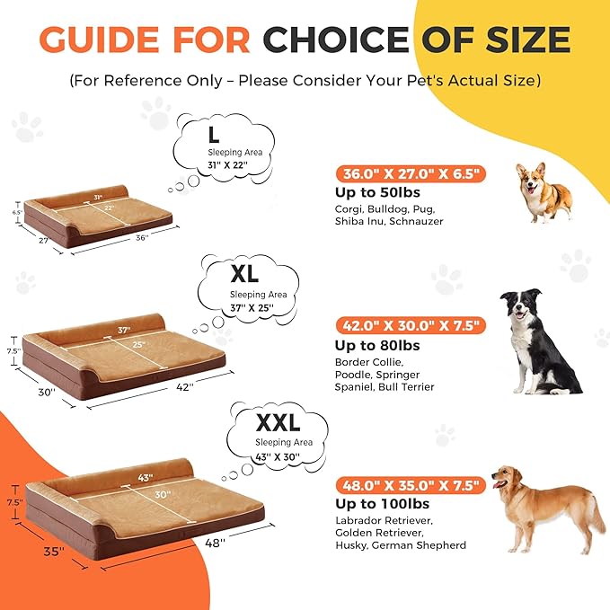 Dog Bed Large Sized Dogs, XL Orthopedic Dog Bed for Large Dogs, Waterproof Pet Bed with Washable Removable Cover, L-Shaped Pet Couch with Portable Handle 42"x30"x7.5", Brown