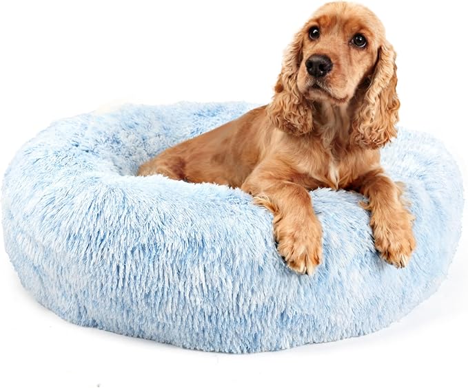 Dog Beds for Medium Dogs Washable Calming Blue Fluffy and Soft Anti Anxiety Faux Fur Round 30 in Pet Bed for Doggie