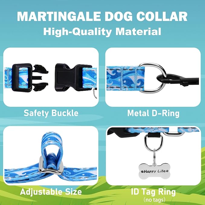 Reflective Martingale Collar with Quick Release Buckle Anti Pulling Boy Male Adjustable Dog Collars (Blue Waves, Small)