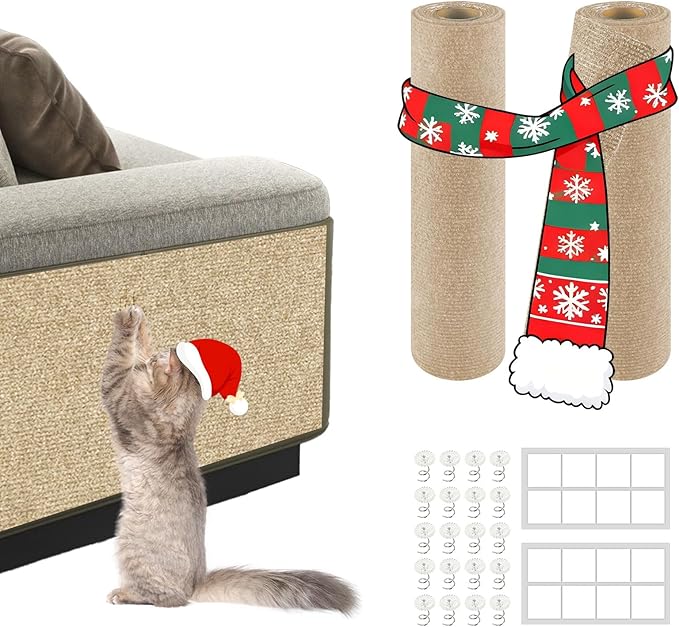 2Pack Total 78.7"x15.8" Cat Scratch Mat for Cat Couch Furniture and Wall Protector | Trimmable Self-Adhesive Carpet Climb Cat Scratcher for Covering Cat Tower and Replacement Pads (Khaki)