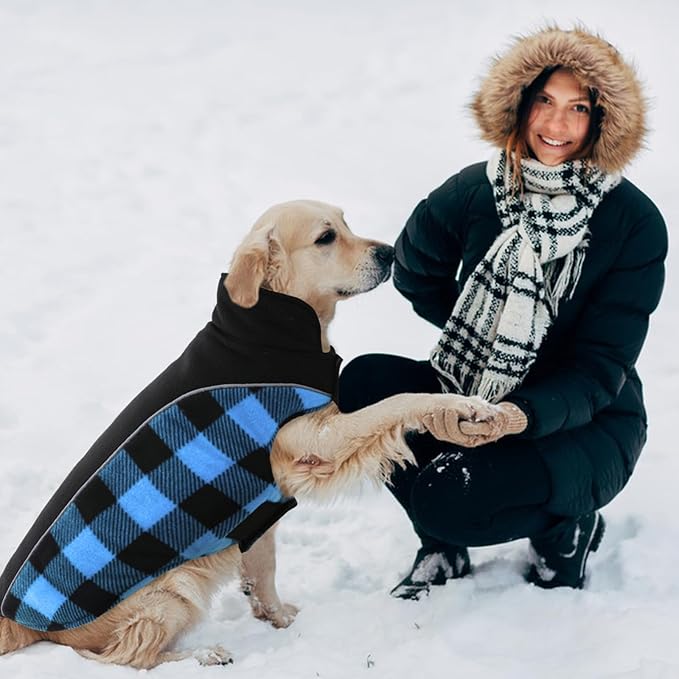 Kuoser Dog Winter Coat, Reversible Waterproof Dog Jacket with Reflective Strip, Warm Dogs Fleece Vest Adjustable Doggy Cold Weather Clothes Plaid Christmas Outfit Pet Apparel for Medium Dogs, Blue M