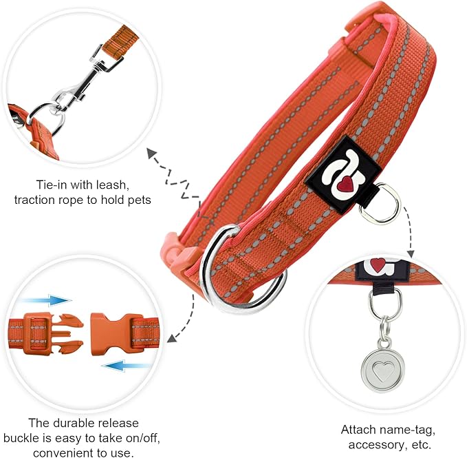 azuza Reflective Dog Collar, Soft Neoprene Padded Pet Collar with ID Tag Ring, Adjustable for Small Dogs,Rust Red,S
