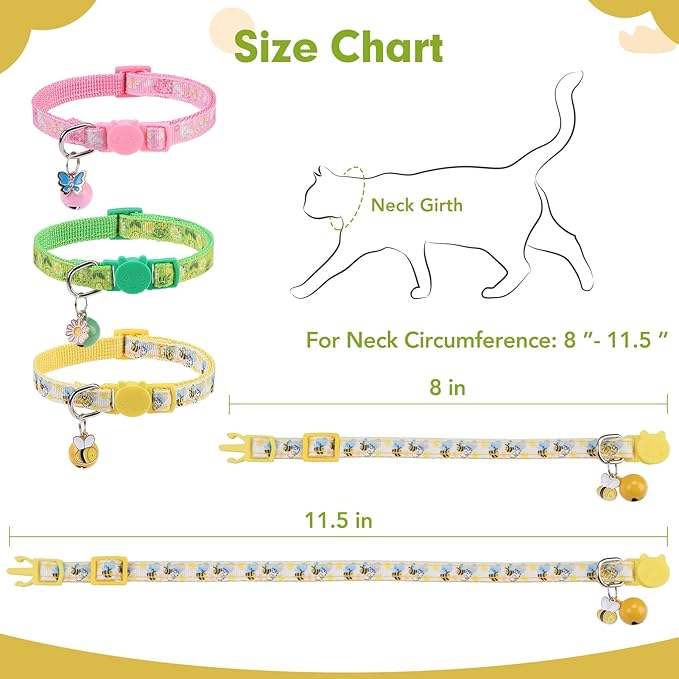 BINGPET Breakaway Cat Collar with Bell, 3 Pack Cat Collars for Girl Cats, Cute Kitty Collars Accessories with Butterfly & Flower & Bee