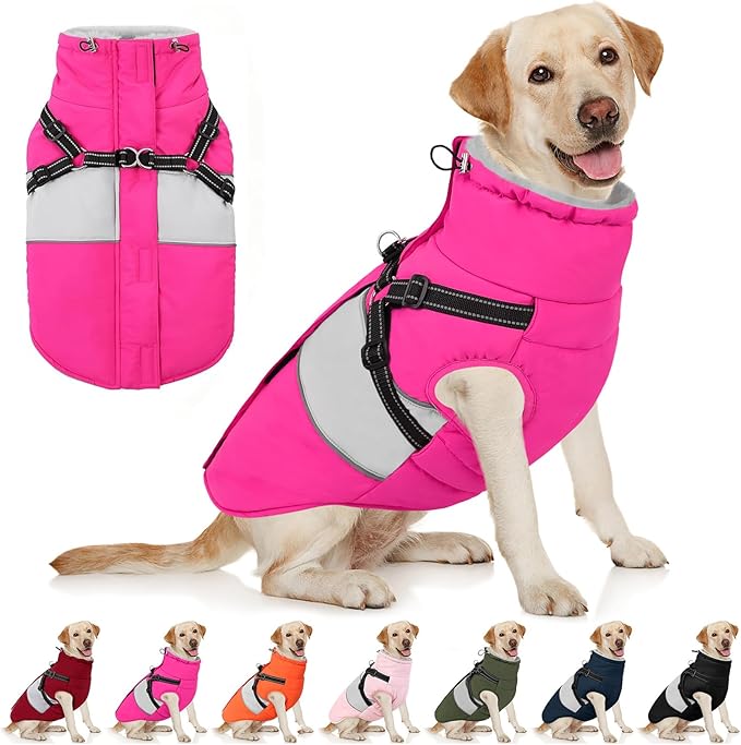 AOFITEE Dog Winter Coat, Dog Coat with Harness Built in, Dogs Jacket for Large Dogs, Reflective Waterproof Pet Puffer Jacket Snowsuit, Warm Fleece Windproof Pet Sweater for Cold Weather, XL
