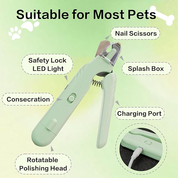 2-in-1 Dog Nail Clippers Trimmers with LED Lights & USB Charging, Electric Dog Nail Grinder for Large Medium Small Dogs Cats Pets（Green）