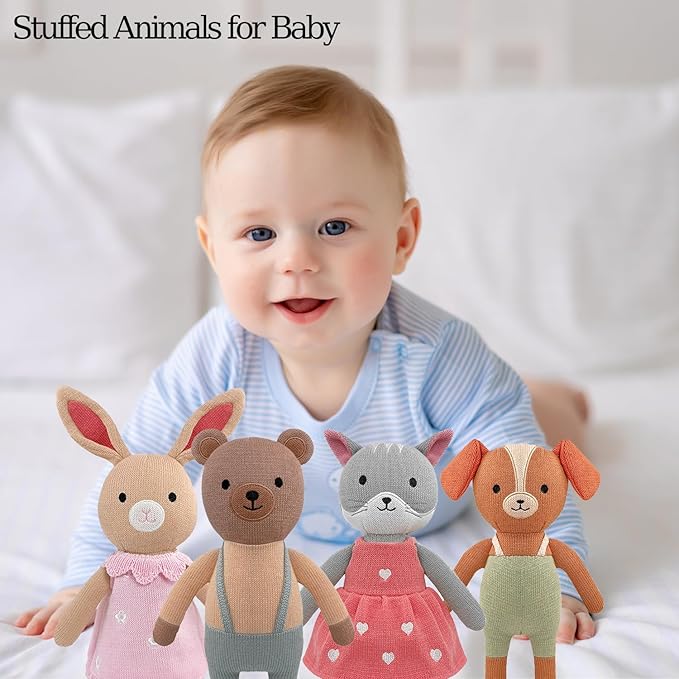4 Pack 12 Inches Stuffed Animals Handmade Cotton Cute Small Animals Dog Cat and Forest Animals Soft Bunny Teddy Bear Plush Toy for for Toddlers, Kids, Adults, Baby Shower Decor Christmas Easter Gifts