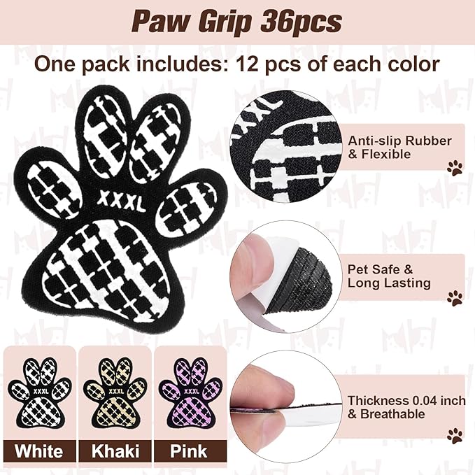 BEAUTYZOO Dog Paw Protector for Hot Pavement, Anti-Slip Paw Grips for Senior Dogs, Paw Stickers Traction Pad for Dogs Feet on Hardwood Floor, Dog Shoes Boots Socks Replacement, 12 Sets (36 pcs) L