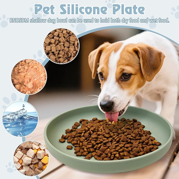 BNOSDM Silicone Cat Bowl Non-Slip Cat Food Plate Flat Dog Bowls with Suction Cup Shallow Puppy Food and Water Dish for Small and Medium Pets (Gray Green)