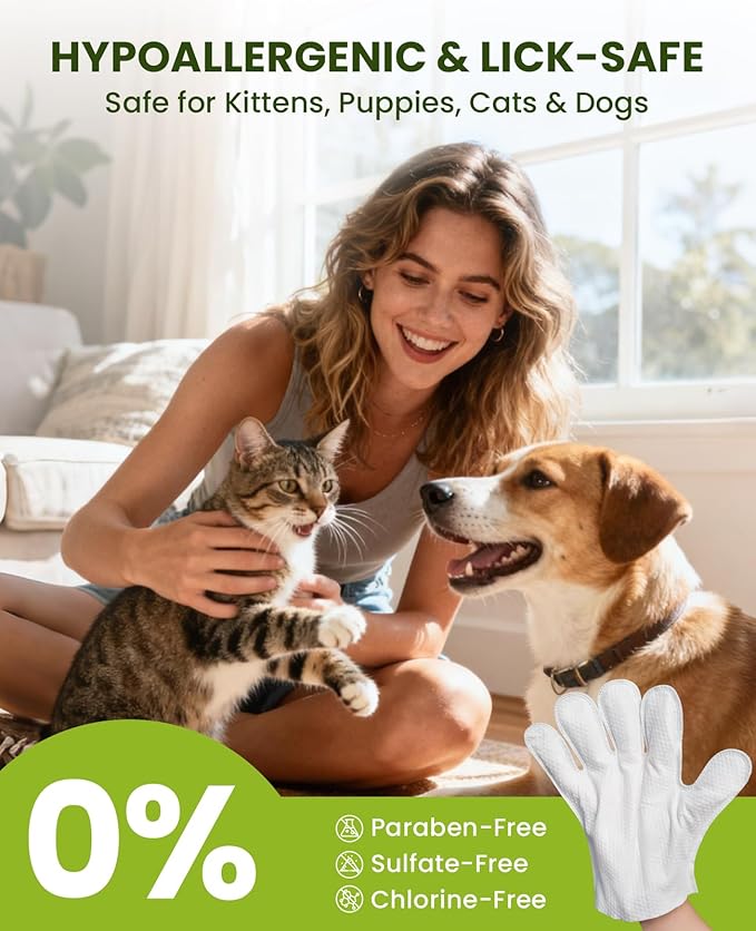 12PCS Hypoallergenic Pet Glove Wipes for Dogs & Cats - Quick Clean & Deodorizing Between Baths & Travel | Dog Washing Wipes for Fur, Butt, Paws, Eyes & Ears |Cat Cleaning Gloves for Grooming & Bathing