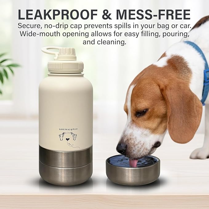 Love Wag & Play Dog Water Bottle Portable – 2 in 1 Stainless Steel Bowl for Food, Water – Leakproof Portable Water Bowl for Dog with Carry Loop – Detachable Design – Ideal for Kibble, Treats - Blue