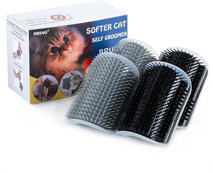 4 Pack Cat Self Groomer with Catnip Pouch,Cats Corner Massage Comb Grooming Brush Tool for Kitten Puppy (2 Black/2 Grey)